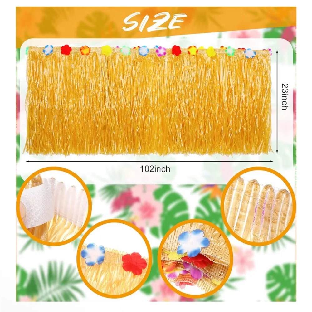 3 Pieces Hawaiian Table Skirt Tropical Luau Grass Table Skirt 9 Feet 002